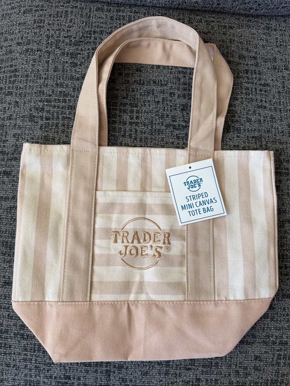NWT Trader Joe’s Summer 2026 Mini Canvas Tote Bag, Pastel Taupe Brown Stripes
